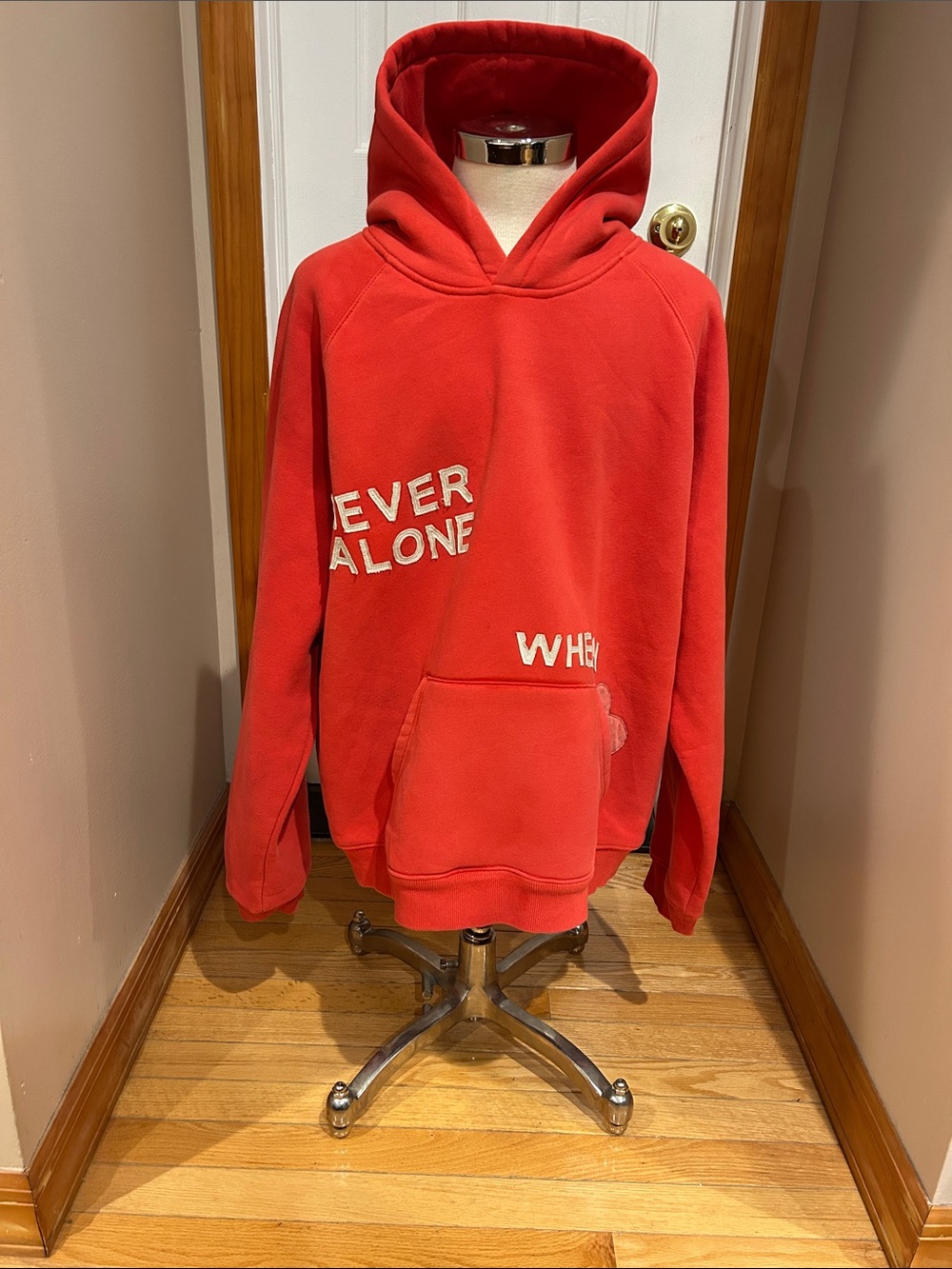 Dandy Worldwide Red Hooded Sweatshirt - Never Alone Graphic